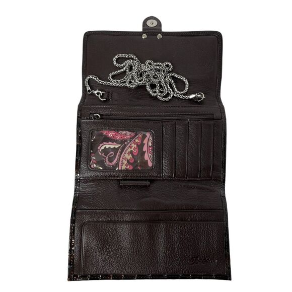 Brighton Brown Leather Croc Embossed Crossbody Silver Chain Strap Floral EUC - Picture 5 of 12